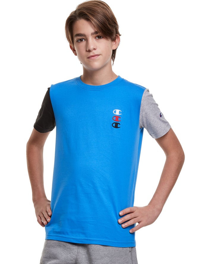 Champion Boys T-Shirt NZ - Triple Stacked Logo Blue ( 7642-HUKME )